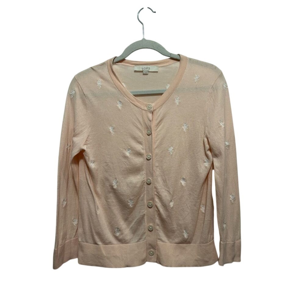 LOFT Womens S Light Pink Floral Rose Embroidered Cotton Cardigan Sweater Knit